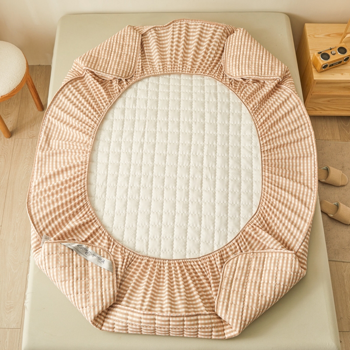 91家纺网 家纺一手货源 找家纺 2023新款直播爆款水洗棉夹棉床笠三件套 粉小格