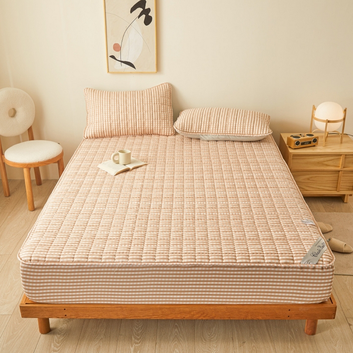 91家纺网 家纺一手货源 找家纺 2023新款直播爆款水洗棉夹棉床笠三件套 粉小格