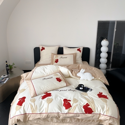 91家纺网 家纺一手货源 找家纺 MIU缪家居 2023新款100支全棉四件套-幸运兔 白