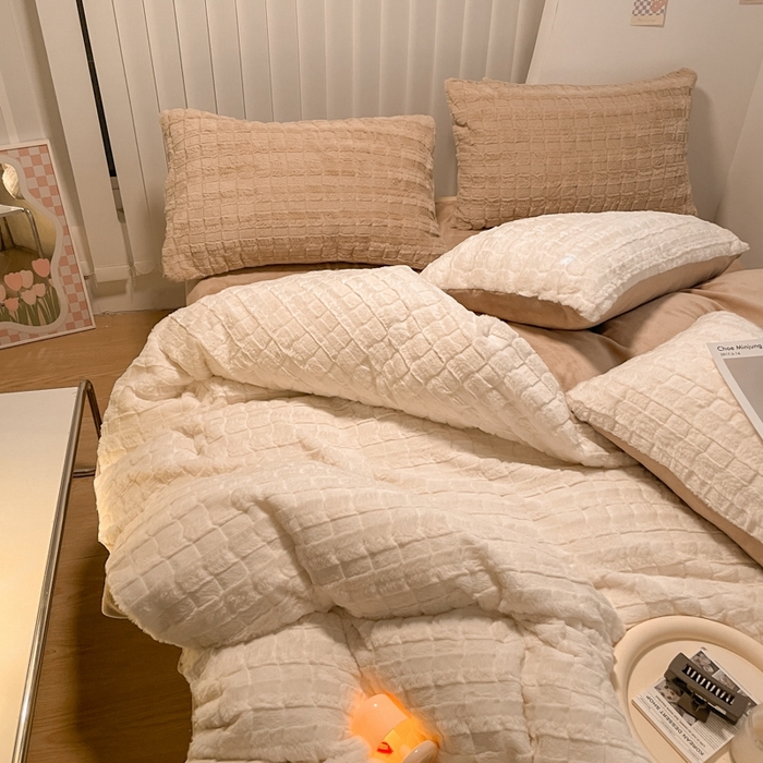 91家纺网 家纺一手货源 找家纺 沐慕 2023新款AB版牛奶绒兔毛绒四件 兔毛绒-奶咖