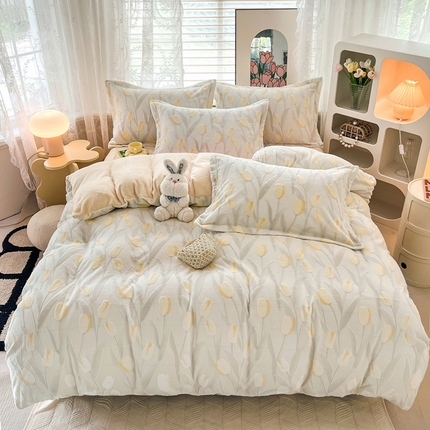 寐居家纺 2023新款高克重剪花印花牛奶绒四件套  郁金香-浅米黄