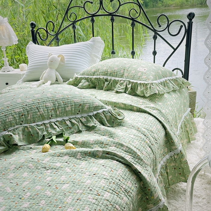 91家纺网 家纺一手货源 找家纺 胜权2023秋冬新款全棉花边夹棉单床盖单件四季用床盖三件套 青萌