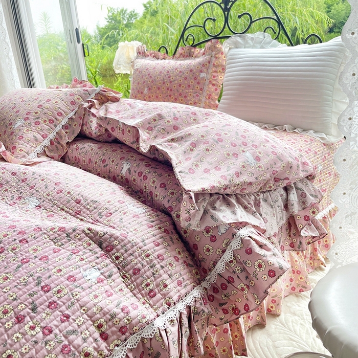 91家纺网 家纺一手货源 找家纺 胜权2023秋冬新款全棉花边夹棉单床盖单件四季用床盖三件套 思念