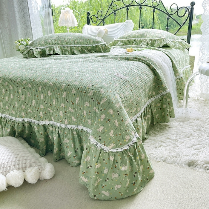 91家纺网 家纺一手货源 找家纺 胜权2023秋冬新款全棉花边夹棉单床盖单件四季用床盖三件套 青萌