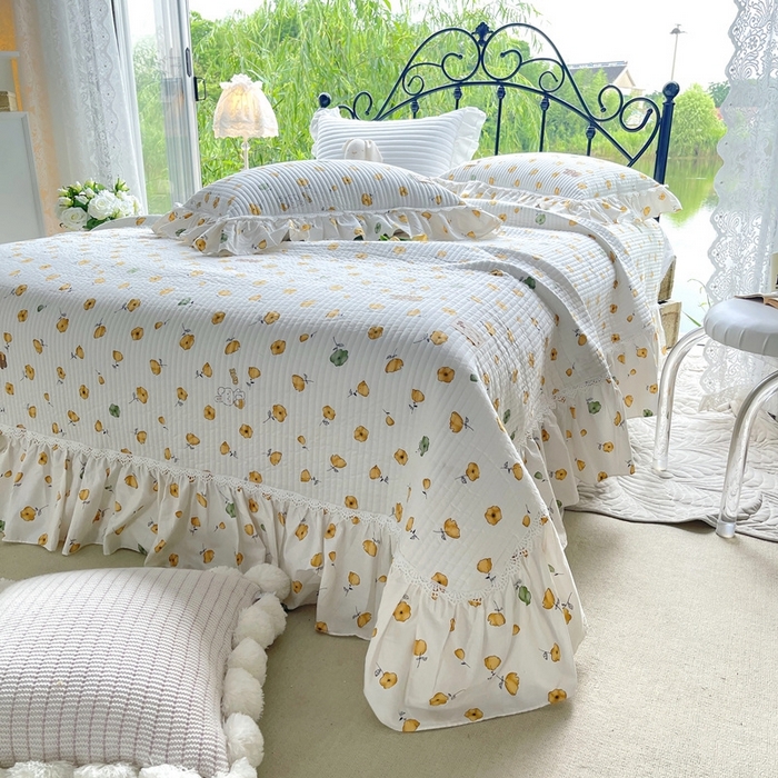 91家纺网 家纺一手货源 找家纺 胜权2023秋冬新款全棉花边夹棉单床盖单件四季用床盖三件套 杏福