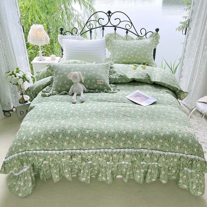 91家纺网 家纺一手货源 找家纺 胜权2023秋冬新款全棉花边夹棉单床盖单件四季用床盖三件套 青萌