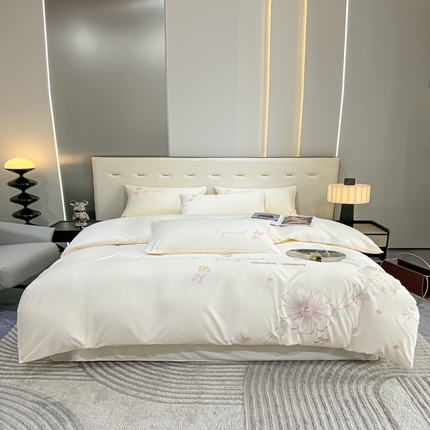 91家纺网 家纺一手货源 找家纺 韩都家居 2023新款直播爆款刺绣四件套 奶白