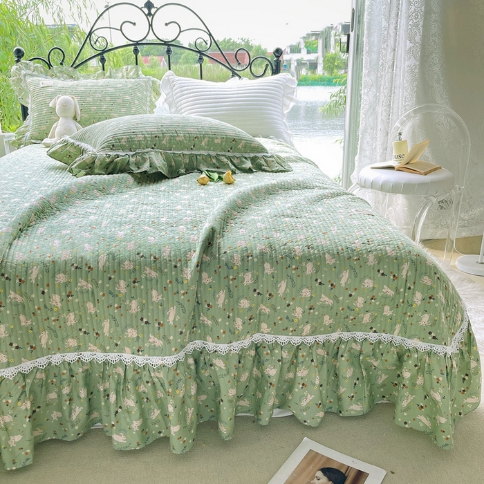 91家纺网 家纺一手货源 找家纺 胜权2023秋冬新款全棉花边夹棉单床盖单件四季用床盖三件套 青萌