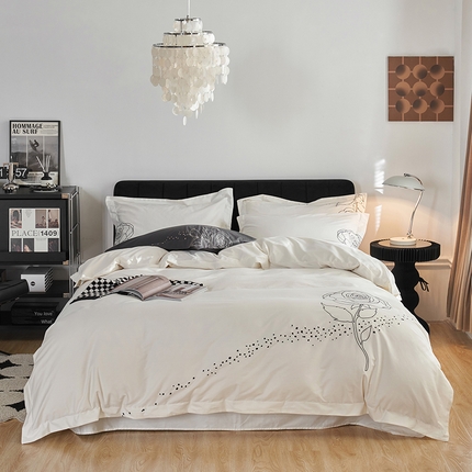 千朵森 2024新款新疆长绒棉婚庆刺绣四件套-玫瑰 月光白