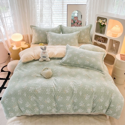 寐居家纺 2023新款高克重剪花印花牛奶绒四件套  温妮-绿