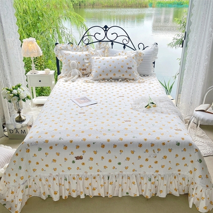 胜权2023秋冬新款全棉花边夹棉单床盖单件四季用床盖三件套 杏福