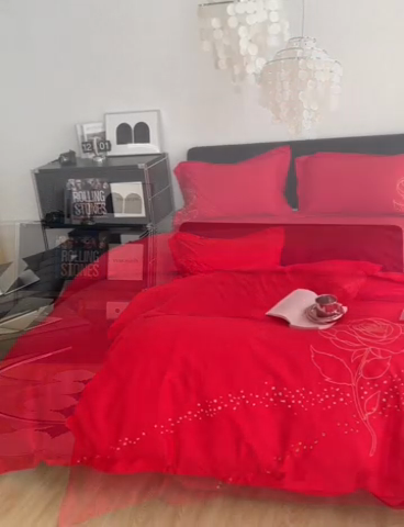 91家纺网 家纺一手货源 找家纺 千朵森 2024新款新疆长绒棉婚庆刺绣四件套-玫瑰 婚庆红