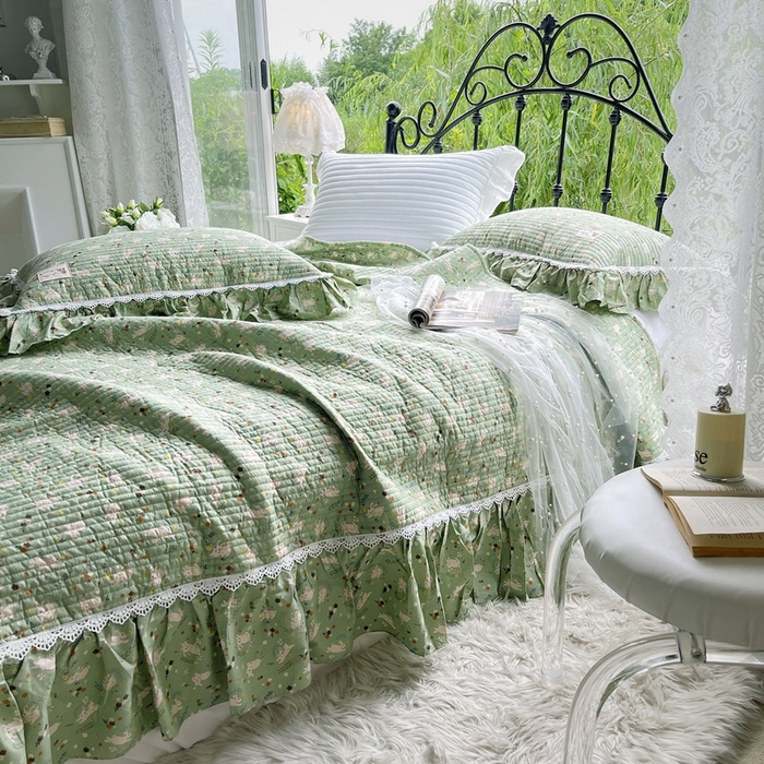 91家纺网 家纺一手货源 找家纺 胜权2023秋冬新款全棉花边夹棉单床盖单件四季用床盖三件套 青萌