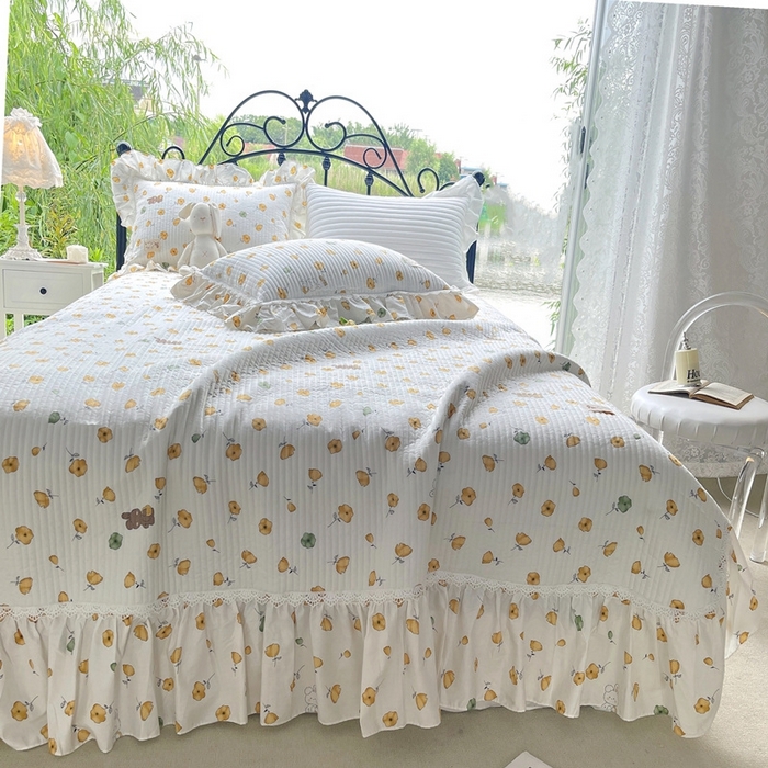 91家纺网 家纺一手货源 找家纺 胜权2023秋冬新款全棉花边夹棉单床盖单件四季用床盖三件套 杏福