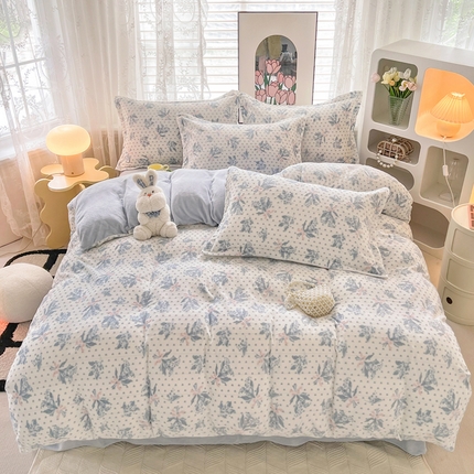 寐居家纺 2023新款高克重剪花印花牛奶绒四件套  温妮-蓝白