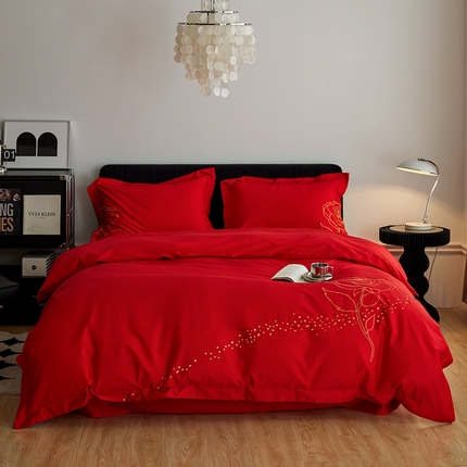 91家纺网 家纺一手货源 找家纺 （总）千朵森 2024新款新疆长绒棉婚庆刺绣四件套-玫瑰