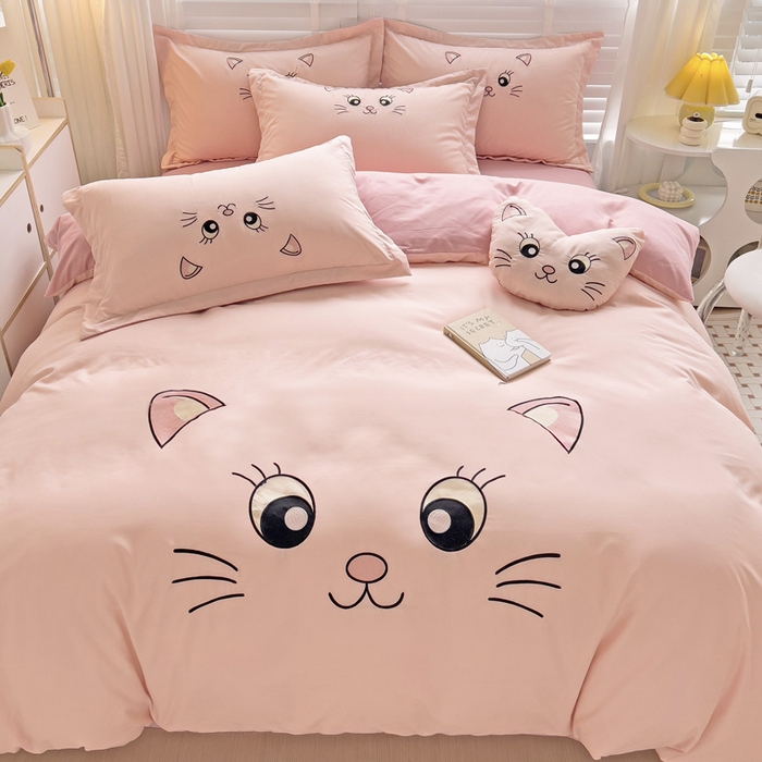 91家纺网 家纺一手货源 找家纺 娜娜 2023新款亲肤柔软水洗磨毛毛巾绣四件套-咪咪猫 咪咪猫-豆粉