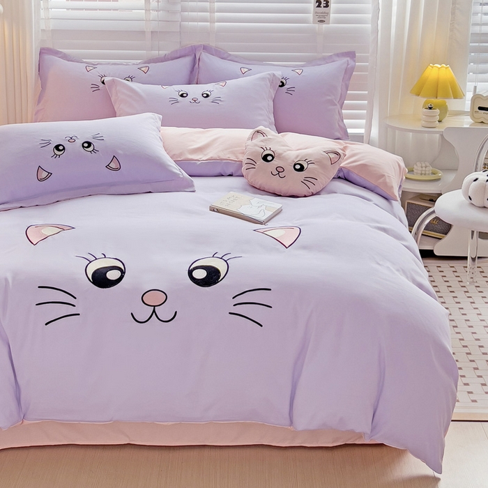 91家纺网 家纺一手货源 找家纺 娜娜 2023新款亲肤柔软水洗磨毛毛巾绣四件套-咪咪猫 咪咪猫-淡紫