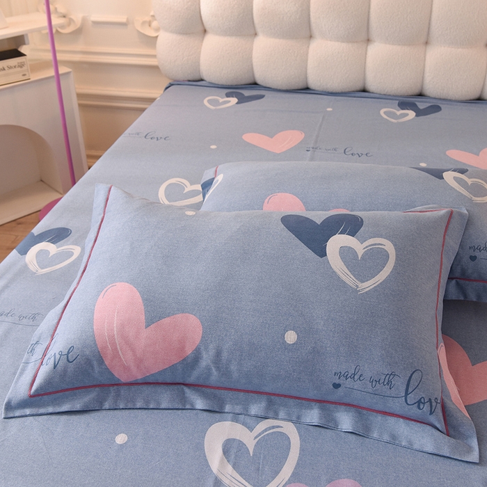 91家纺网 家纺一手货源 找家纺 简如   2025新款全棉磨毛印花四件套 心动连连-蓝