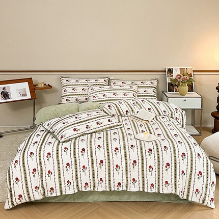 桃子家居 2023新款ins法式复古赫本碎花山茶花卉加厚牛奶绒系列四件套 绒-爱莉