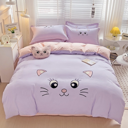 娜娜 2023新款亲肤柔软水洗磨毛毛巾绣四件套-咪咪猫 咪咪猫-淡紫