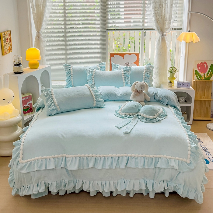 91家纺网 家纺一手货源 找家纺 言熙居 2023直播爆款高克重韩版纯色牛奶绒法莱绒小清新四件套 珍珠-天蓝