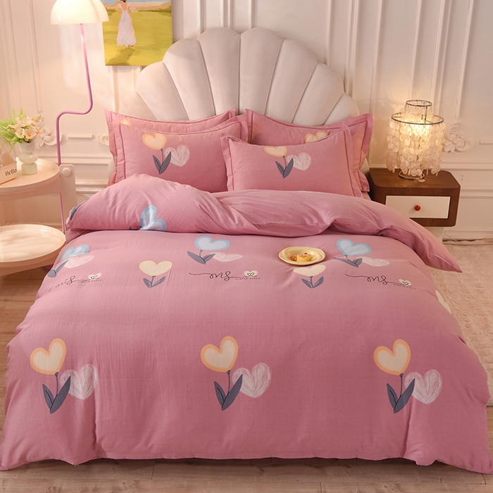 91家纺网 家纺一手货源 找家纺 简如   2025新款全棉磨毛印花四件套 浅影落香-粉