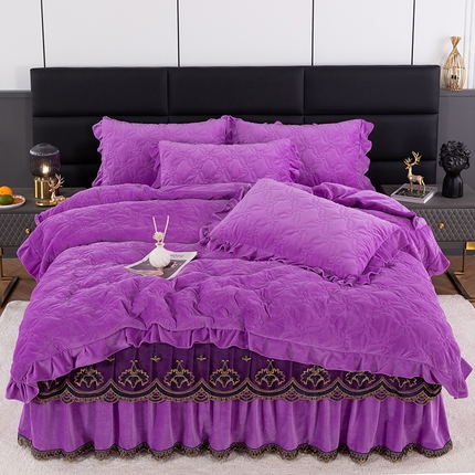 91家纺网 家纺一手货源 找家纺 （总）木兰花 2023新款宝宝绒婴儿绒纯色保暖加厚牛奶绒蕾丝刺绣夹棉床裙款四件套