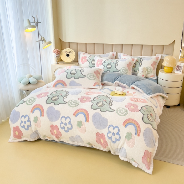 91家纺网 家纺一手货源 找家纺 2023新款立体6D雪花绒加厚保暖系列单枕套 48x74cm一对 七彩恐龙