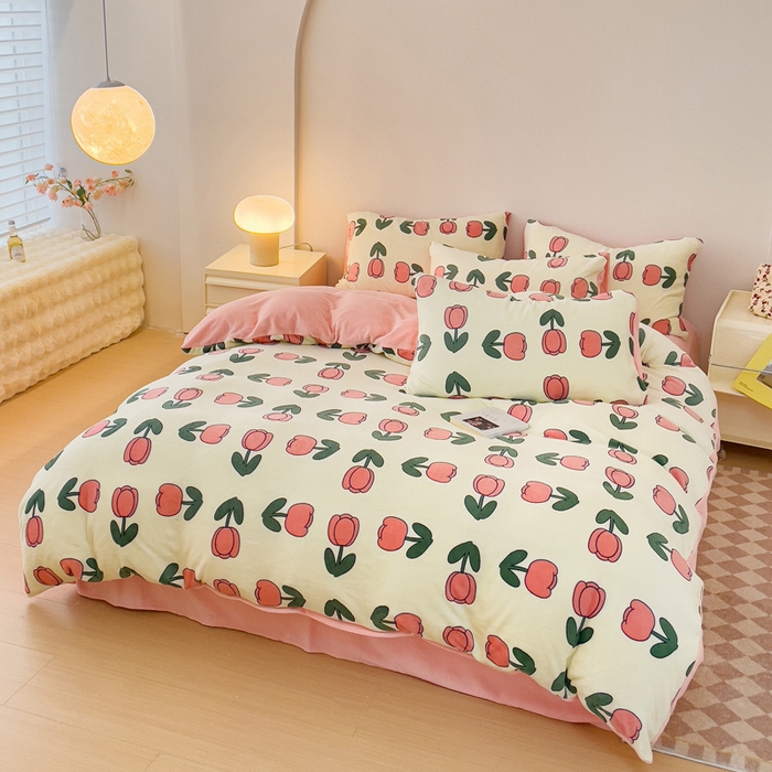 91家纺网 家纺一手货源 找家纺 木堇家居 2023新款牛奶绒印花四件套 粉郁金香