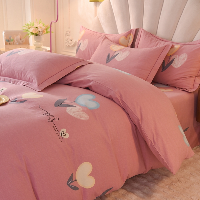 91家纺网 家纺一手货源 找家纺 简如   2025新款全棉磨毛印花四件套 浅影落香-粉