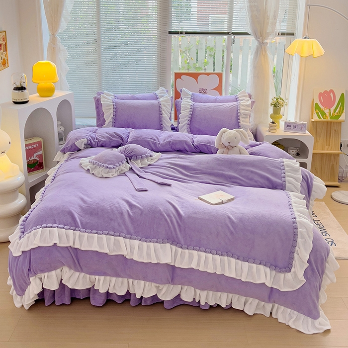 91家纺网 家纺一手货源 找家纺 言熙居 2024直播爆款9斤重高克重韩版纯色牛奶绒法莱绒小清新四件套 珍珠-浪漫紫