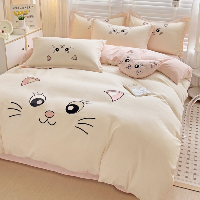 91家纺网 家纺一手货源 找家纺 娜娜 2023新款亲肤柔软水洗磨毛毛巾绣四件套-咪咪猫 咪咪猫-奶昔白