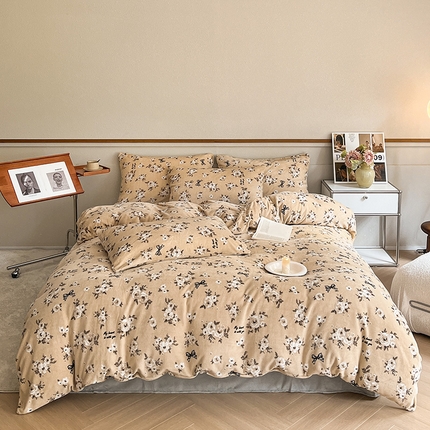 桃子家居 2023新款ins法式复古赫本碎花山茶花卉加厚牛奶绒系列四件套 绒-伊莉
