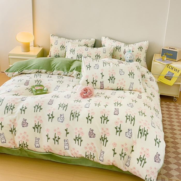 91家纺网 家纺一手货源 找家纺 木堇家居 2023新款牛奶绒印花四件套 呆萌兔