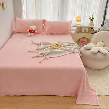 91家纺网 家纺一手货源 找家纺 寐居家纺 2023新款纯色牛奶绒保暖床单 少女粉