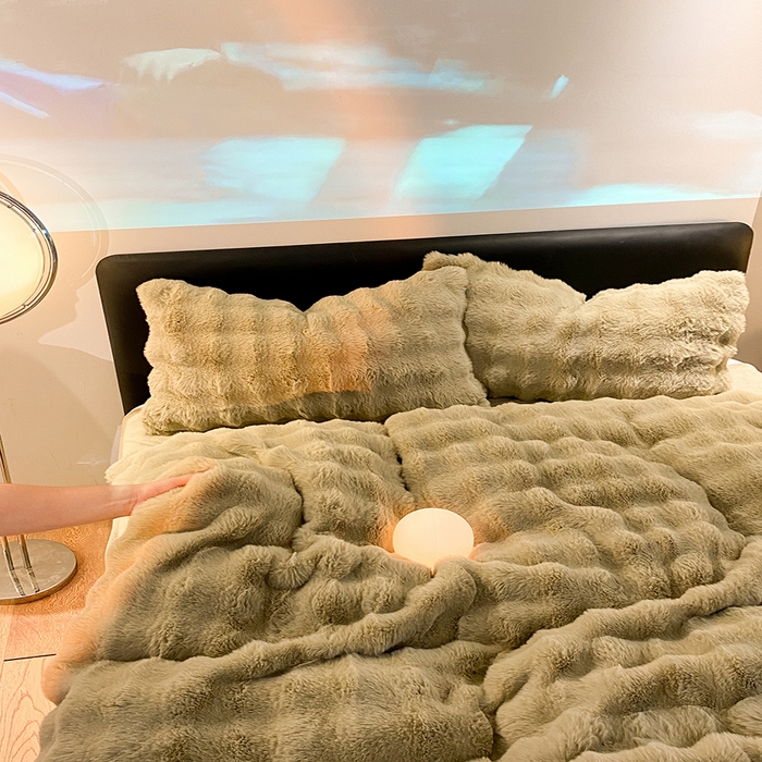 91家纺网 家纺一手货源 找家纺 澳梵家居 2023舒芙蕾印花兔兔绒牛奶绒四件套 舒芙蕾-豆荚绿