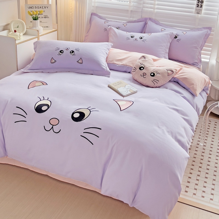 91家纺网 家纺一手货源 找家纺 娜娜 2023新款亲肤柔软水洗磨毛毛巾绣四件套-咪咪猫 咪咪猫-淡紫