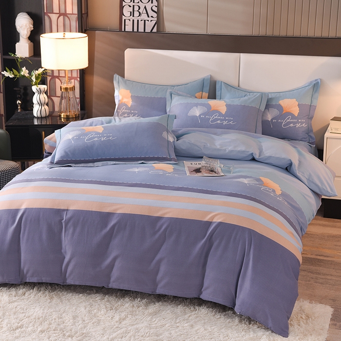 91家纺网 家纺一手货源 找家纺 简如   2025新款全棉磨毛印花四件套 若雨千叶-蓝