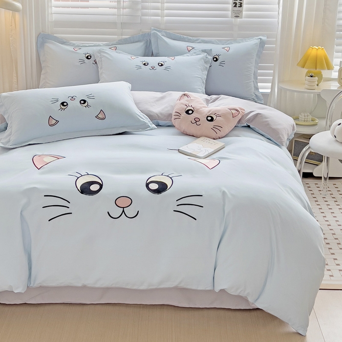 91家纺网 家纺一手货源 找家纺 娜娜 2023新款亲肤柔软水洗磨毛毛巾绣四件套-咪咪猫 咪咪猫-蓝灰