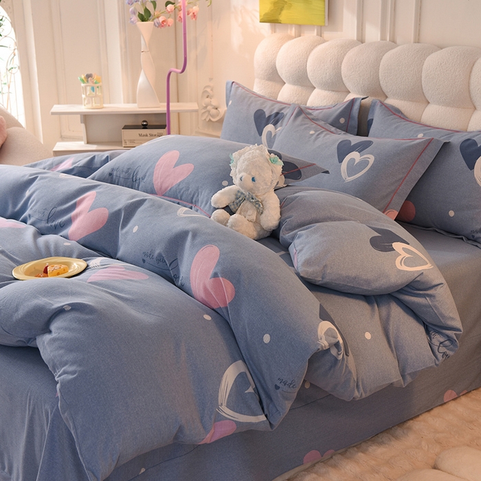 91家纺网 家纺一手货源 找家纺 简如   2025新款全棉磨毛印花四件套 心动连连-蓝