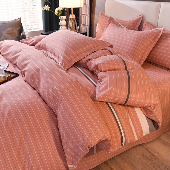 91家纺网 家纺一手货源 找家纺 简如   2025新款全棉磨毛印花四件套 间隔条纹-粉