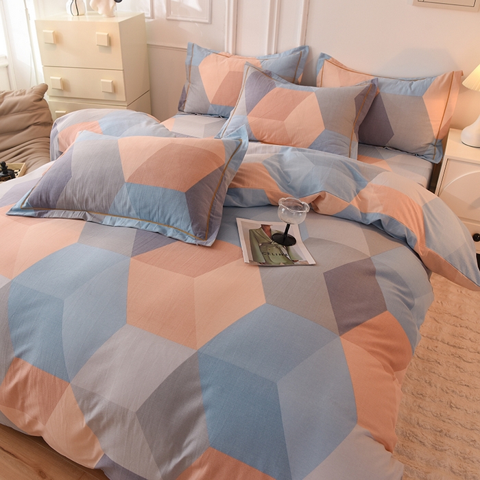 91家纺网 家纺一手货源 找家纺 简如   2025新款全棉磨毛印花四件套 格菱