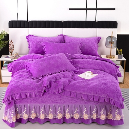 木兰花 2023新款宝宝绒婴儿绒纯色保暖加厚牛奶绒蕾丝刺绣夹棉床盖款四件套 丽莎-丁香紫