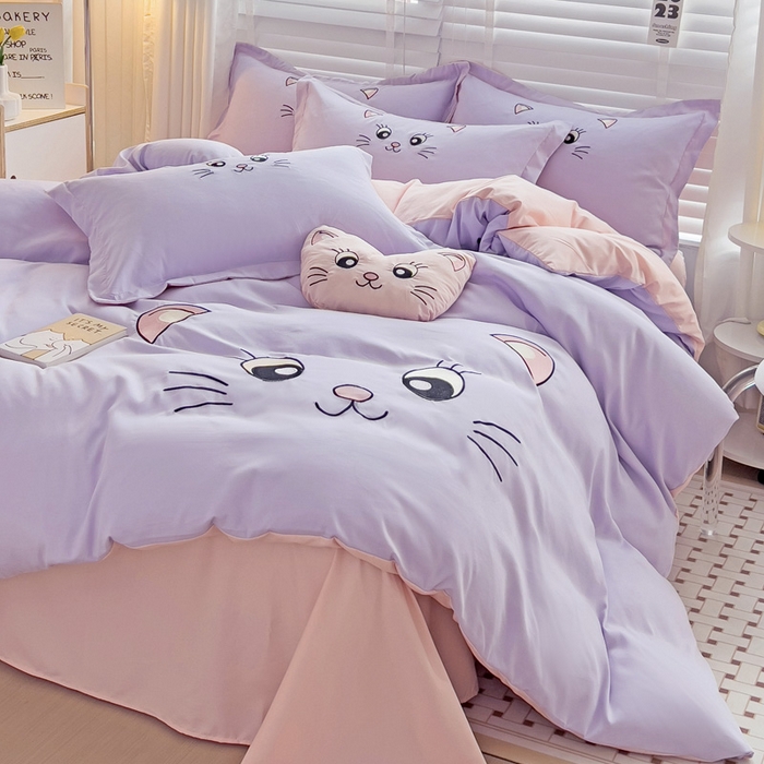 91家纺网 家纺一手货源 找家纺 娜娜 2023新款亲肤柔软水洗磨毛毛巾绣四件套-咪咪猫 咪咪猫-淡紫