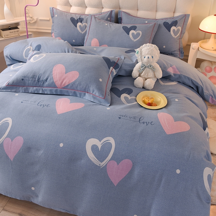 91家纺网 家纺一手货源 找家纺 简如   2025新款全棉磨毛印花四件套 心动连连-蓝