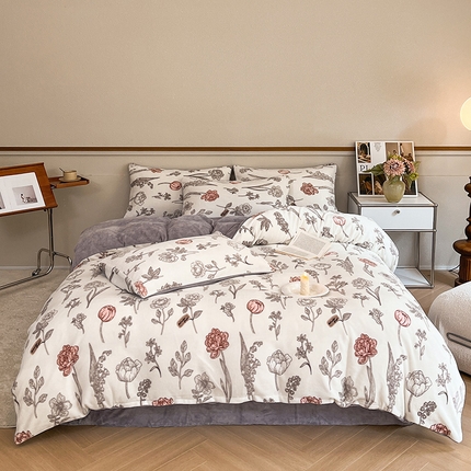 91家纺网 家纺一手货源 找家纺 （总）桃子家居 2023新款ins法式复古赫本碎花山茶花卉加厚牛奶绒系列四件套