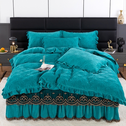 91家纺网 家纺一手货源 找家纺 （总）木兰花 2023新款宝宝绒婴儿绒纯色保暖加厚牛奶绒蕾丝刺绣夹棉床裙款四件套