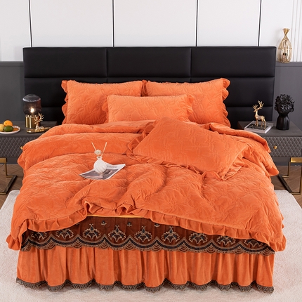 91家纺网 家纺一手货源 找家纺 （总）木兰花 2023新款宝宝绒婴儿绒纯色保暖加厚牛奶绒蕾丝刺绣夹棉床裙款四件套