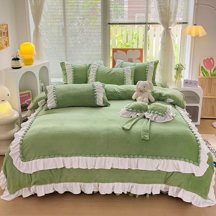 言熙居 直播9斤重爆款高克重韩版纯色牛奶绒法莱绒小清新四件套 珍珠-绿